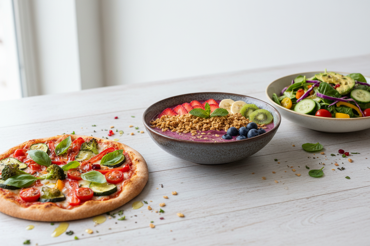 display a small pizza, acai bowl, and salad for healthy eating
